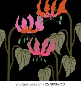 Composition of three stylized tropical Flame Lily. Exotic hand-drawn flower Gloriosa Superba. Vector illustration on dark background for fashion prints, wallpapers, decorative elements