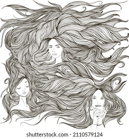 Composition of three young women faces and abstract flowing lines  representing long hair. Monochrom vector illustration. 