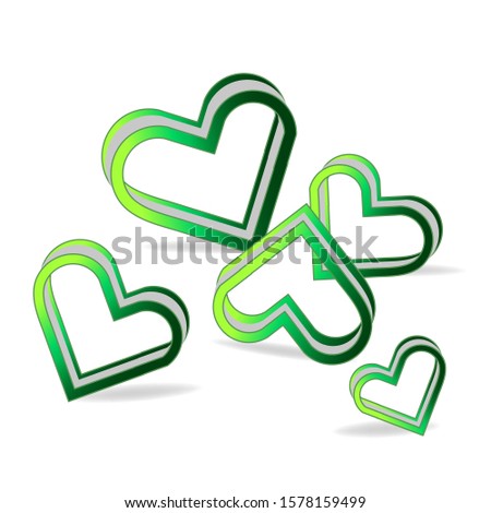 Composition of three-dimensional green hearts on a white background. Geometry. Isolate. Vector illustration of EPS10. Use for festive decoration of a poster, a website for Valentine's Day.