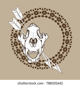 composition of tiger skull, red roses, arrows and indian geometric ornament, vector illustration