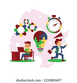 Composition of time management flat icons human silhouette pictograms clock images and human characters vector illustration