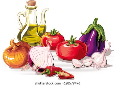 Composition with tomatoes, eggplant, onion, olive oil and hot peppers.