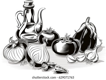 Composition with tomatoes, eggplant, onion, olive oil and hot peppers.