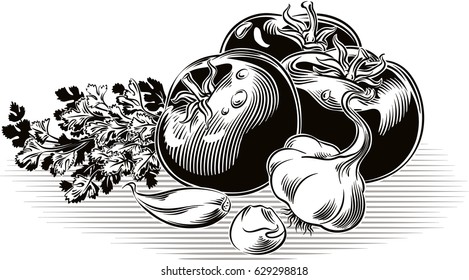 Composition with tomatoes, garlic and parsley.