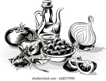 Composition with tomatoes, onion, olives, olive oil and basil sprig.