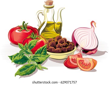 Composition with tomatoes, onion, olives, olive oil and basil sprig.