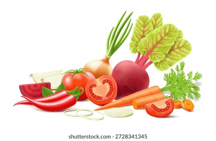 Composición con tomates, cebollas, zanahorias, remolachas y pimientos aislados sobre fondo blanco. Verduras frescas y maduras en estilo realista. Diseño de Vector 3D.