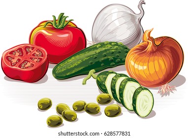 Composition with tomatoes, onions, cucumber, green olives.