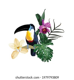 Composition of toucan and palm leaves, orchid flowers. Art print for travel, fashion, spa and wellness, weddings.