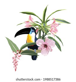 Composition of toucan and palm leaves, pink flowers. Art print for travel, fashion, spa and wellness, weddings.