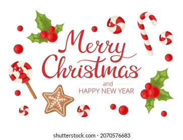 Composition with traditional Christmas and New Year elements isolated on white background. Xmas card in cartoon style for your design.