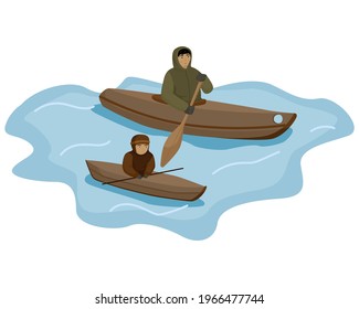 Composición tradicional esquimal hombre y niño flotando kayak con pádel aislado en fondo blanco. Hombre entrenando a un chico flotante en un bote. Ilustración vectorial de dibujos animados planos.