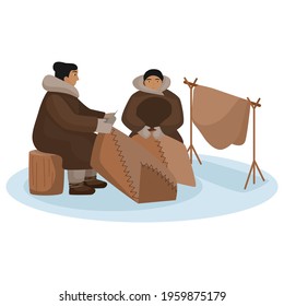 Composition traditional Eskimo women isolated on white background. Woman sewing national clothes animal skin. Handmade warm clothes. Character design vector illustration.