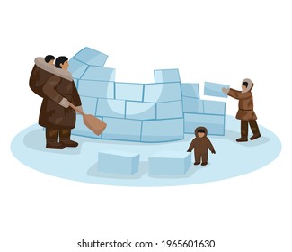 Composition Traditional family Eskimo constructing igloo from ice cubes isolated on white background. Woman and children building house with a shovel. Character design vector illustration.