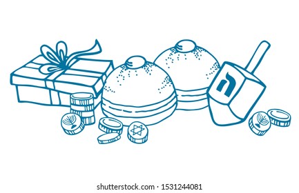 Composition with traditional Hanukkah objects and food. Donuts, coins, dreidel and gift box. Hand drawn outline vector sketch illustration on white background