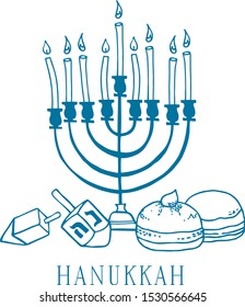 Composition with traditional Hanukkah objects. Menorah, donuts and dreidels. Hand drawn outline vector sketch illustration on white background