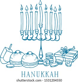 Composition with traditional Hanukkah objects. Menorah, donuts, dreidel, coins. Outline vector sketch illustration on white background