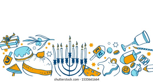 Composición con objetos Hanukkah tradicionales en la parte inferior de la página. Ilustración de esbozo vectorial dibujada a mano. Color sobre fondo blanco