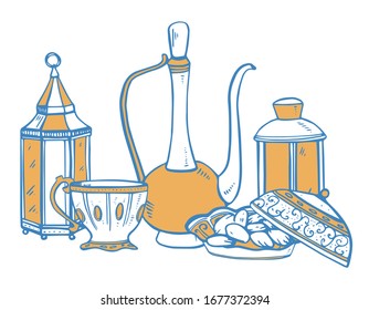 Composition with traditional Iftar meal. Hand drawn vector sketch illustration