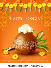 Composition with traditional mud pot, rangoli and marigold (zendu) garland for Indian harvest festival Pongal (Makar Sankranti). Vector illustration.