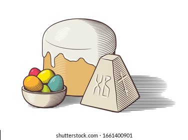 Composición de la tradicional comida de vacaciones de Europa del Este para la celebración de Pascua. Pan tradicional de Pascua (kulich), pascha y tazón de huevos pintados. Ilustración vectorial de estilo retro