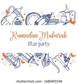 Composition with traditional Ramadan objects on the top and on the bottom of the frame