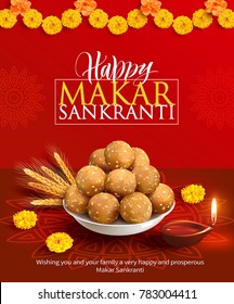 Composition with traditional sweets laddu (tilgul), diya and rangoli for Indian harvest festival Makar Sankranti (Pongal). Vector illustration.