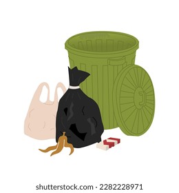 Composición con lata de basura, bolsas de basura, cáscara de plátano y paquete de cigarrillos. Clasificación de desechos.  Limpieza de la ciudad. Contaminación planetaria. Estilo plano en ilustración vectorial. Objetos aislados. 