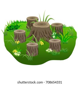Composition with  tree stubs in grass and flowers  for landscape or garden scenes. Vector illustration