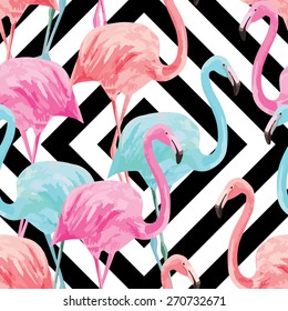 Composition of the trendy summer nature bird red, pink, blue flamingo. Hand drawn watercolor. Fashion seamless vector pattern, art design wallpaper on a black white geometric background