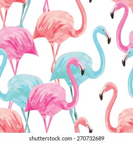 Composition of the trendy summer nature bird red, pink, blue flamingos. Hand drawn watercolor. Fashion seamless vector pattern, art design wallpaper on a white background