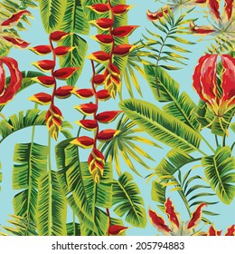 Composition tropic exotic plants and flowers. Palm banana leaf and Gloriosa floral vector jungle. Seamless wallpaper pattern on a blue background. Hand drawn painting fashion branch