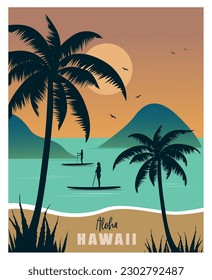 Composition of the tropical beach on Hawaii at sunset with people on SUP boards. Vector illustration