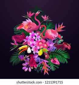 composition of tropical birds, flowers