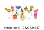 Composition of tropical drinks in glasses. Different alcoholic cocktails, fresh juices, hard and light booze with ice cubes. Various beverages. Flat isolated vector illustration on white background