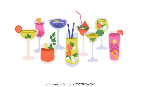 Composición de bebidas tropicales en vasos. Diferentes cócteles alcohólicos, zumos frescos, licor duro y ligero con cubitos de hielo. Varias bebidas. Ilustración vectorial aislada plana sobre fondo blanco