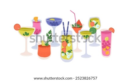 Composition of tropical drinks in glasses. Different alcoholic cocktails, fresh juices, hard and light booze with ice cubes. Various beverages. Flat isolated vector illustration on white background