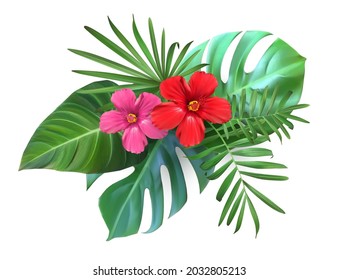 Composition with tropical, exotic leaves and hibiscus flowers, isolated elements. Realistic vector illustration