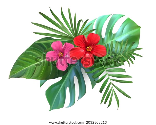 Composition with tropical wallpaper, exotic leaves and hibiscus flowers, isolated elements.