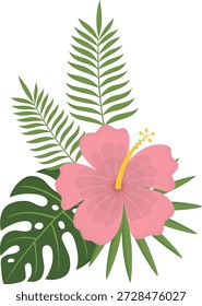 Zusammensetzung von tropischen Blumen und Blättern, einzeln auf weiß. Illustration von dekorativen exotischen Pflanzen