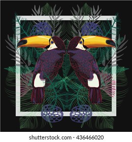 
composition with tropical flowers and toucans . composition with psychedelic night exotic plants. vector 