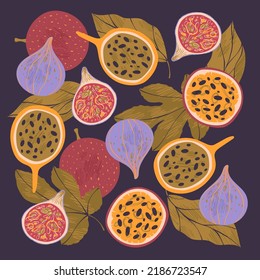 Composition of tropical fruits grenadilla, passion fruit, figs on dark background.