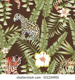 Composition of tropical leaf beautiful flower hibiscus, frangipani wild animals leopard and tiger. Seamless wallpaper pattern on a brown background