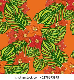 Composition with tropical leaves and flowers. Vector seamless pattern.