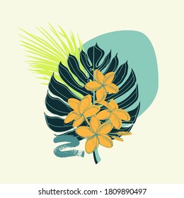 Composición de plantas tropicales y flores. Hojas exóticas de color verde agua botánica. palmera de coco, monstera, plátano, plumería.