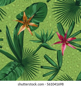 composition of tropical plants and flowers in a green style. Beautiful print panther fur background seamless wallpaper