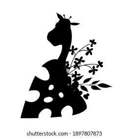 Composition of tropical plants and giraffe head. Black silhouette. Vector illustration.