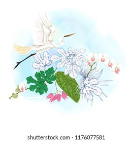 A composition of tropical plants, palm leaves, monsters and white orchids with white heron In botanical style. Colored and outline design on watercolor background. Vector illustration.