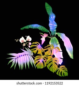 A composition of tropical plants, palm leaves, monsters and white orchids In botanical style Colored vector illustration in neon, fluorescent colors. Isolated on black background.