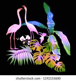 A composition of tropical plants, palm leaves, monsters and white orchids with flamingo  In botanical style Colored vector illustration in neon, fluorescent colors. Isolated on black background.